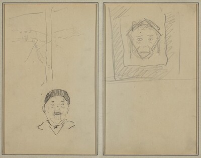 Landscape and Head of Man; Head of Monkey Inside a Square [recto]