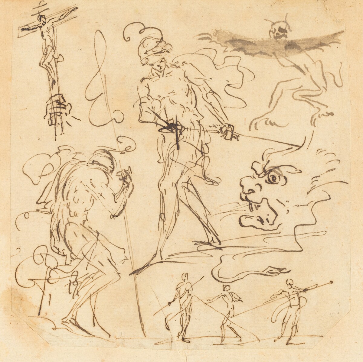 Sheet of Studies with a Soldier Drawing a Sword, a Crucifix, Monstrous Animals, and Other Figures by Neapolitan 17th Century