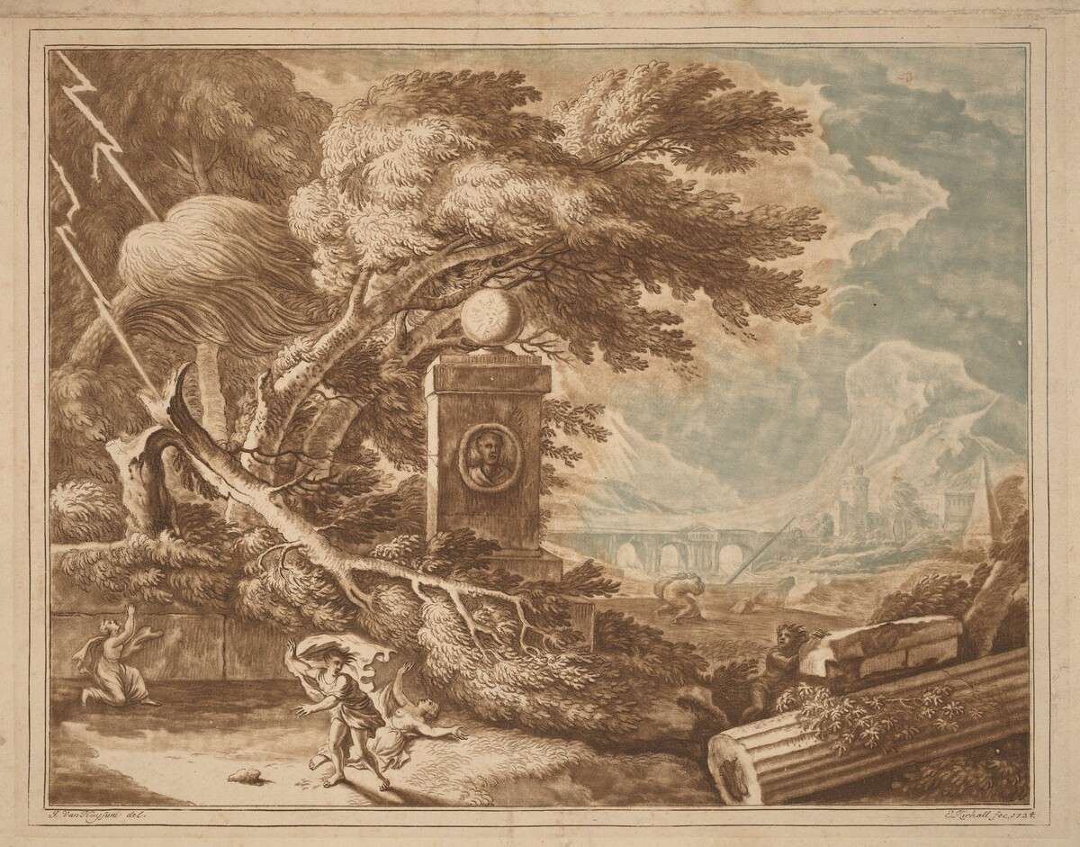 Heroic Stormy Landscape by Elisha Kirkall, after Jan van Huysum