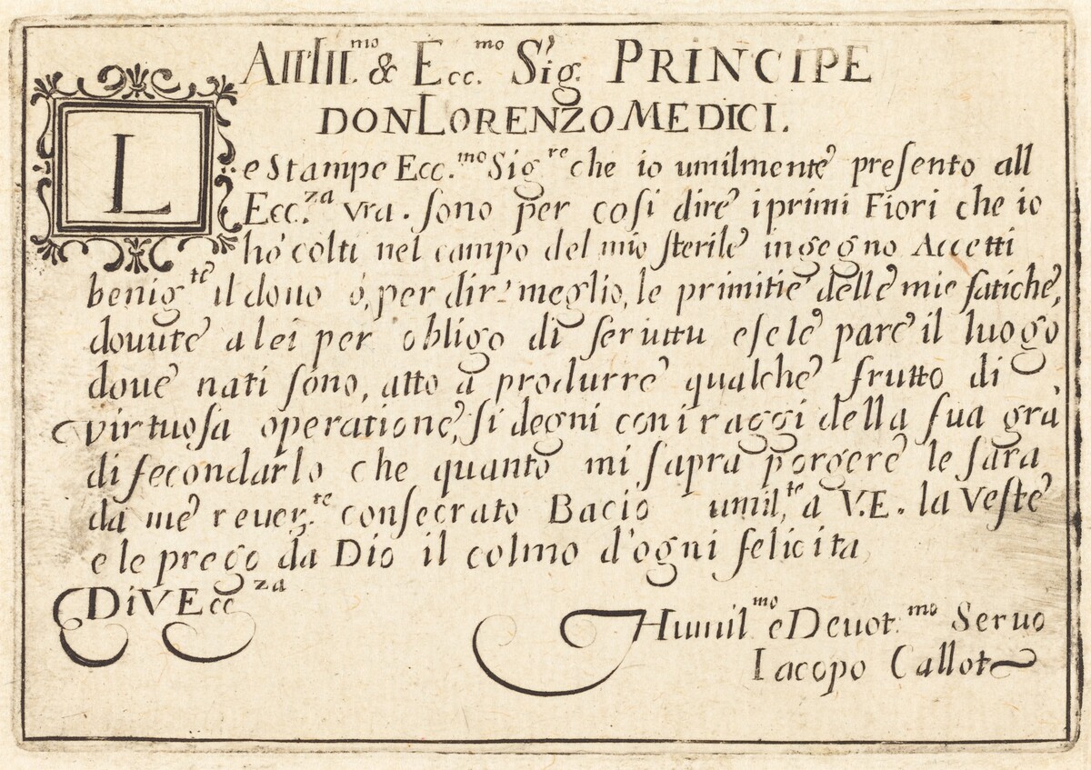 Dedication to Don Lorenzo de' Medici by Jacques Callot