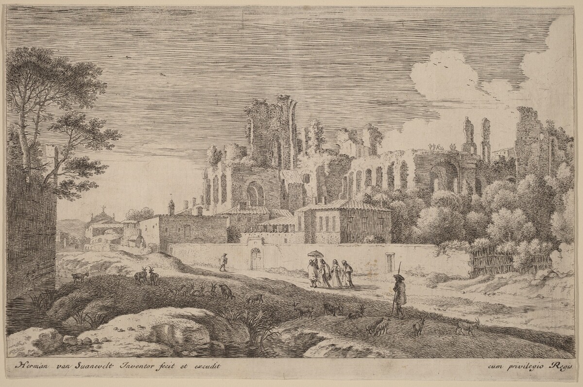 Landscape with Ruins and a Woman with a Parasol by Herman van Swanevelt