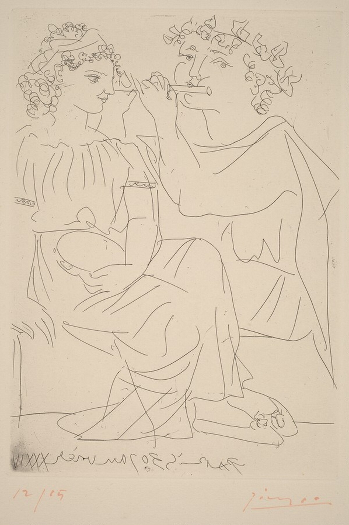Flautist and Young Girl with Tambourine (Flutiste et jeune fille au tambourin) by Pablo Picasso