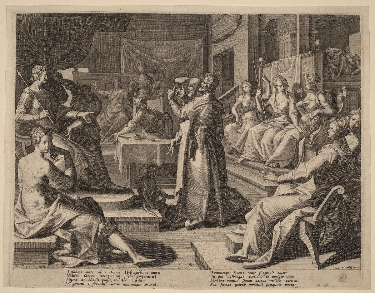 Heliogabalus and the Wise Women by Raphael Sadeler I after Joos van Winghe