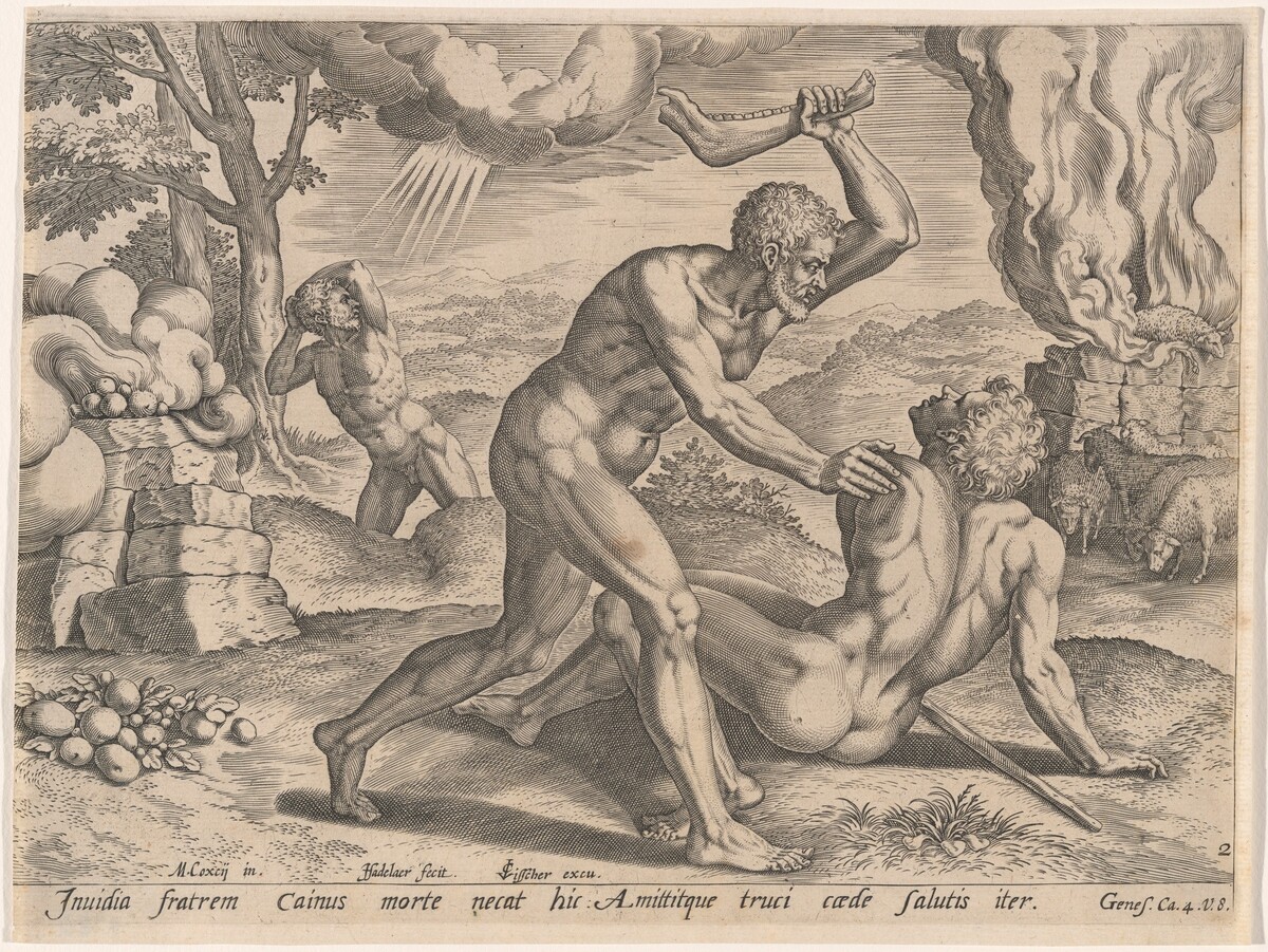 Cain Killing Abel by Jan Sadeler I, after Michael de Coxcij