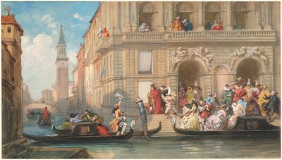 Masqueraders Boarding Gondolas before a Venetian Palazzo