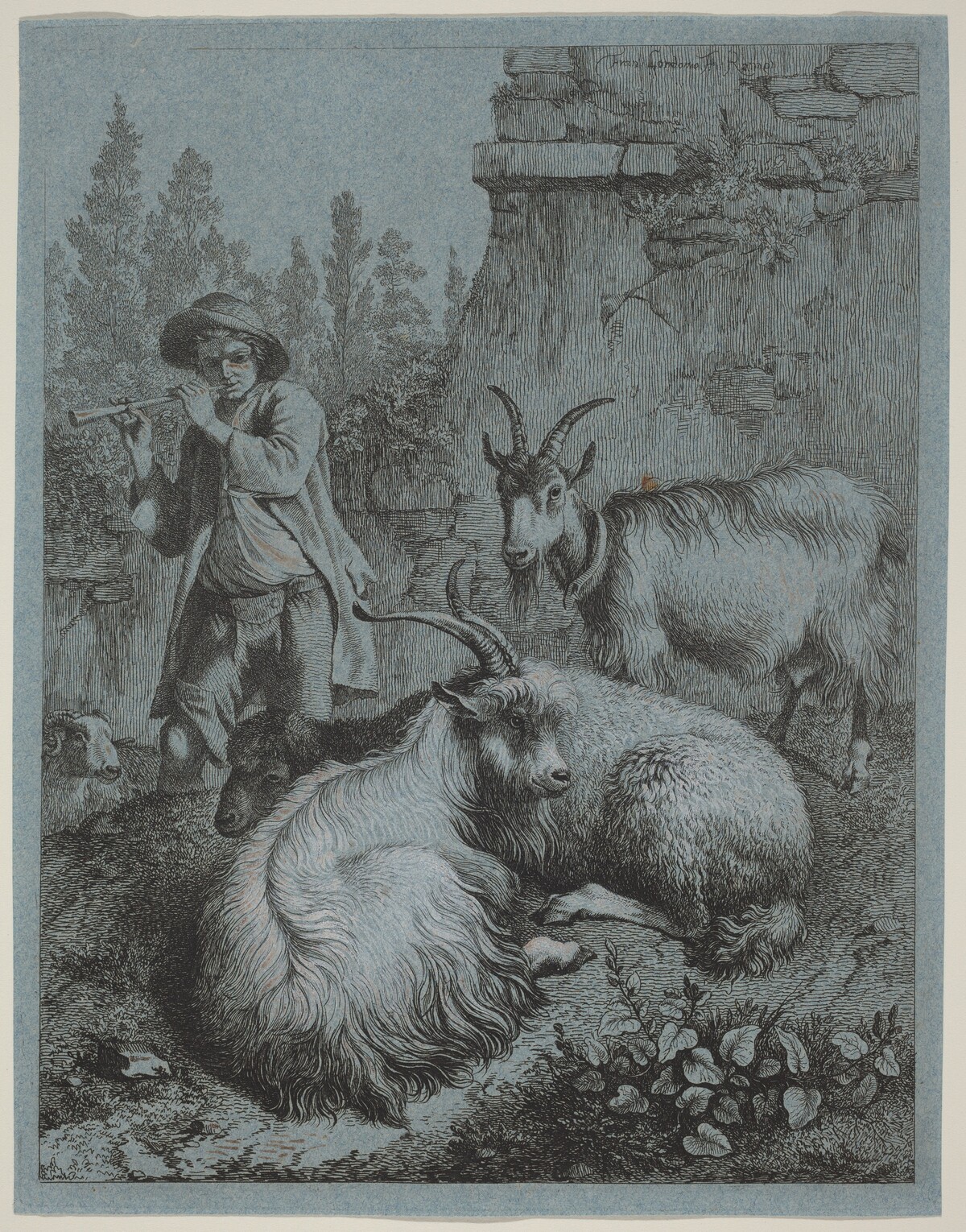 Goatherd Piping to Four Goats by Francesco Londonio