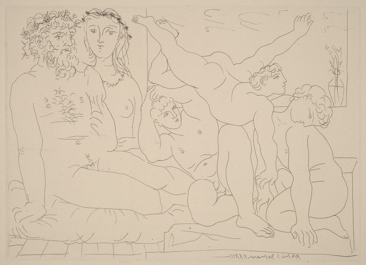 Sculptor and His Model with a Sculpture Group of Athletes (Sculpteur et son modèle avec un groupe sculpté représentant des athlètes) by Pablo Picasso