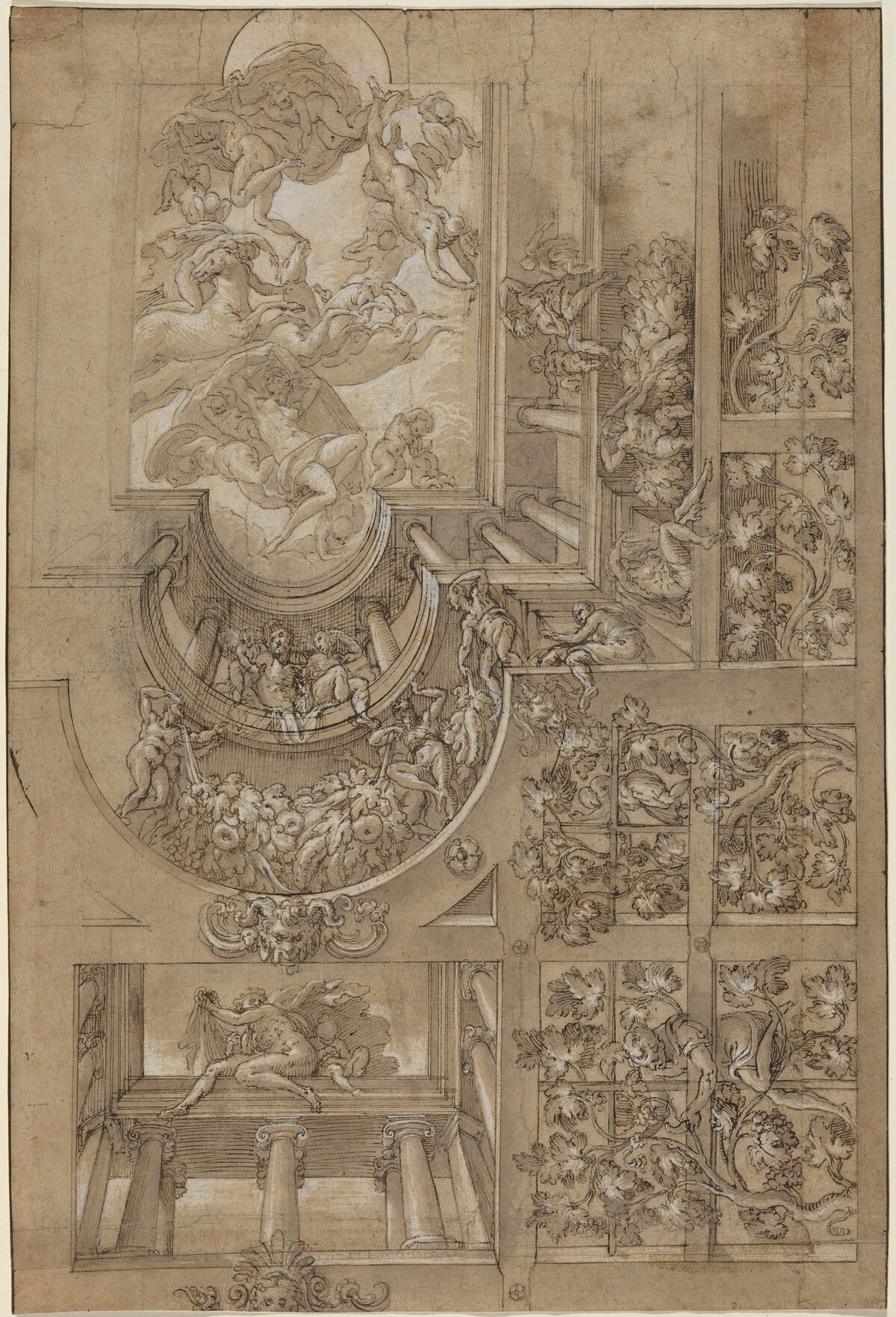 Illusionistic Ceiling with a Grape Arbor, Figures Poised on Galleries, and a Central Scene of Olympian Gods by Italian 16th Century