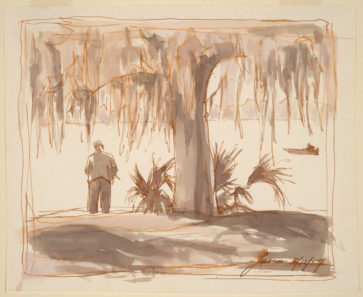Fisherman, Tree, and Outboard by Donald Carlisle Greason