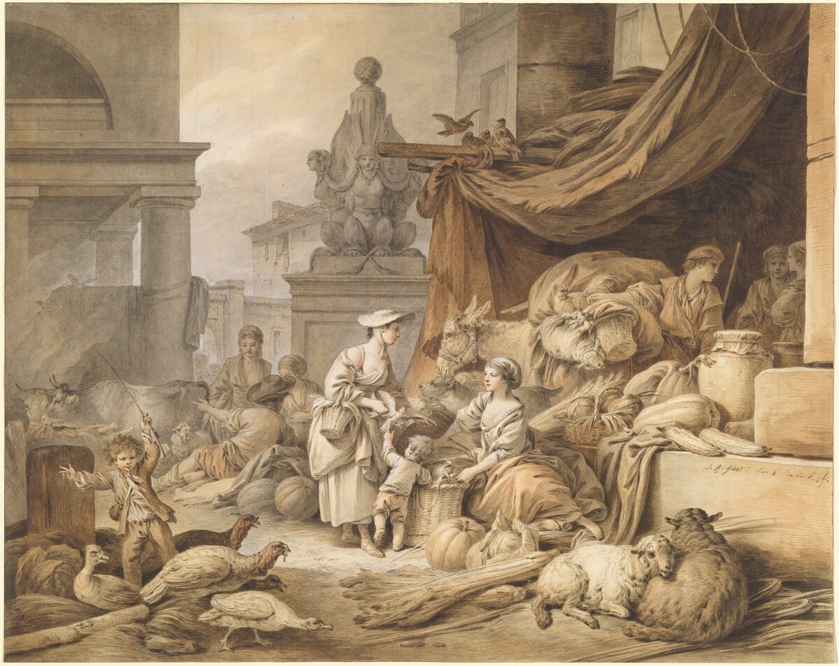 Market Scene with a Fantastic Sculpture by Jean-Baptiste Hüet, I