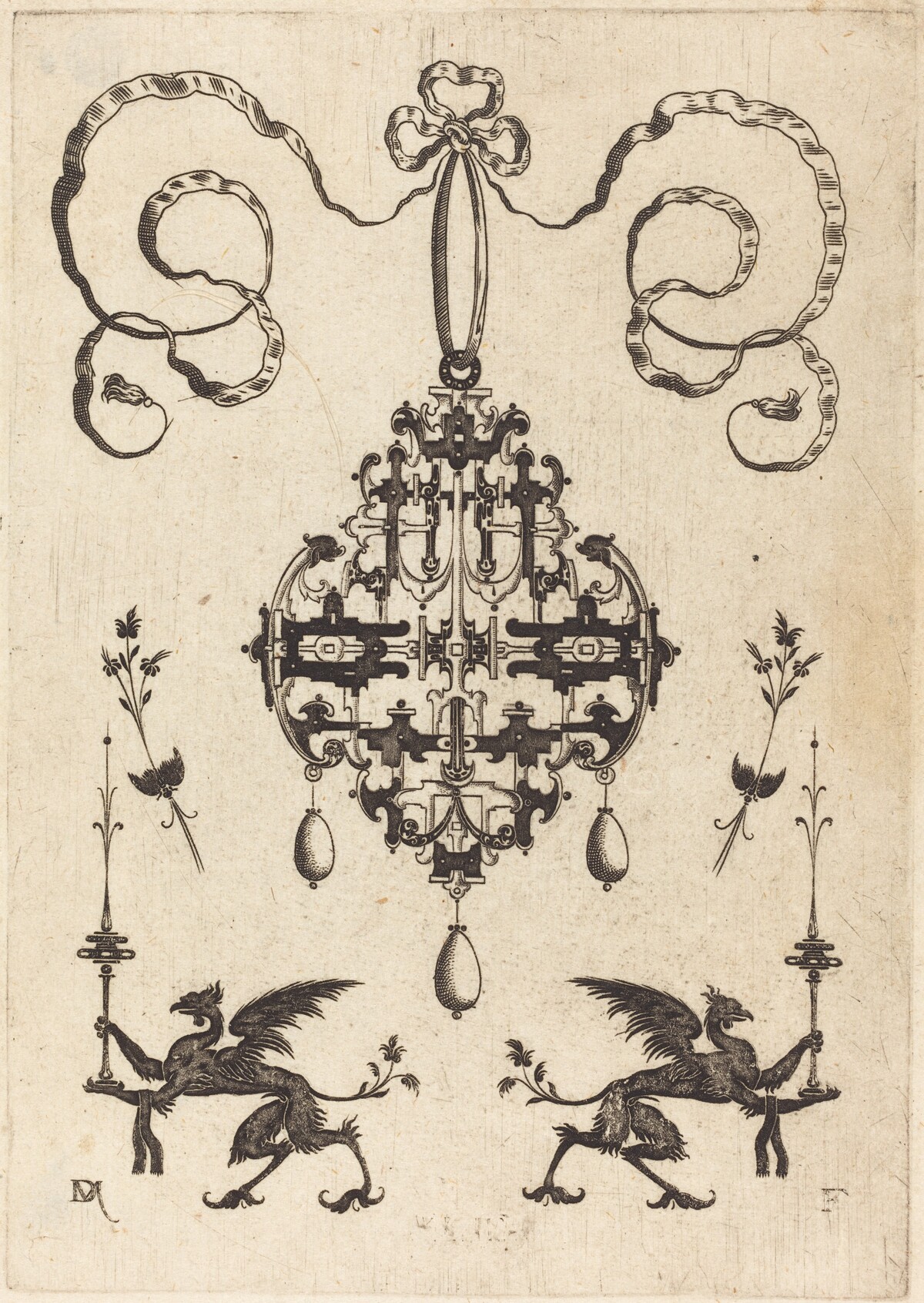 Large Pendant, Lower Left and Right Two Griffins Carrying Fantasy Candlesticks by Daniel Mignot