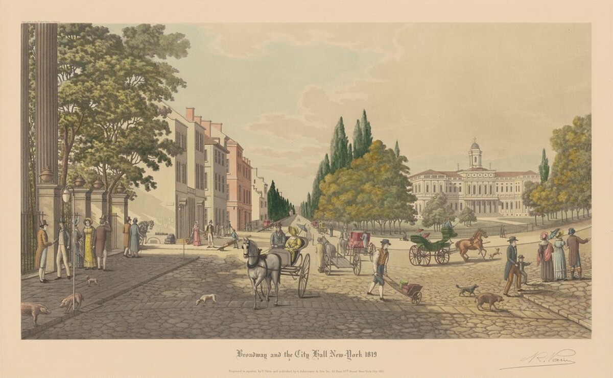 Broadway and the City Hall, New York, 1819 by R. Varin