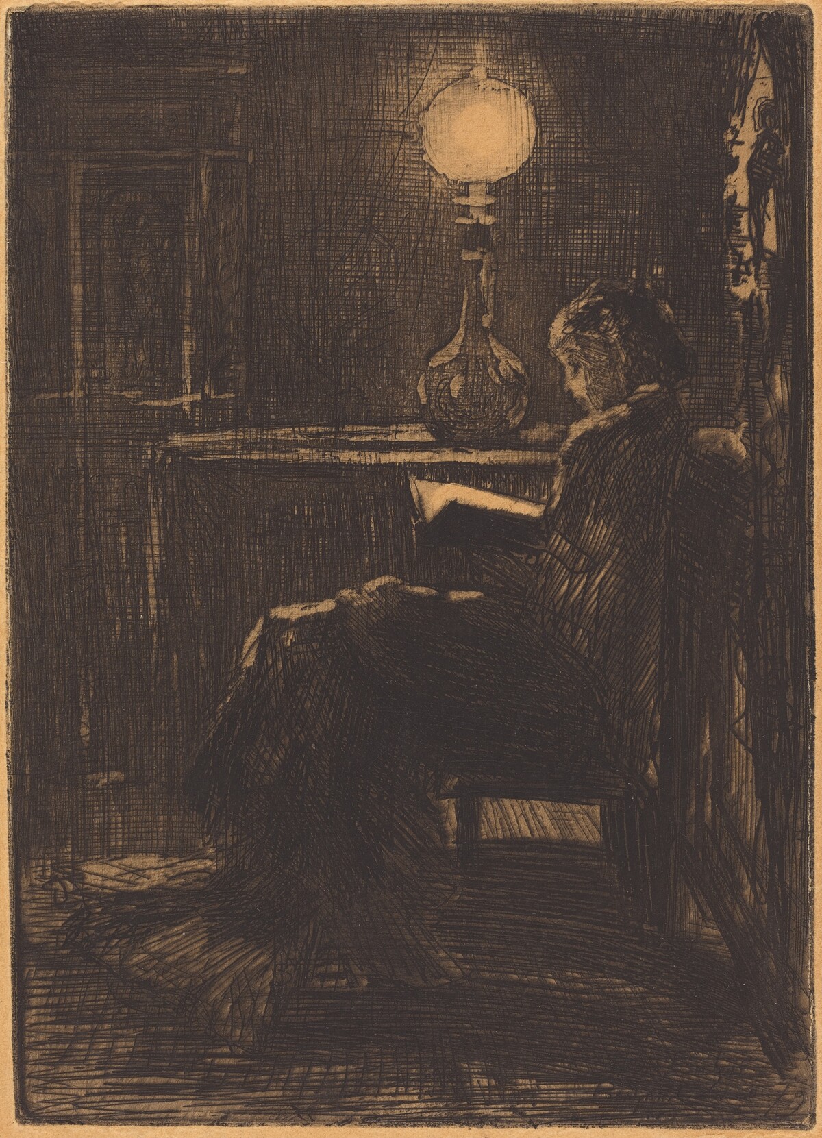 Liseuse à la Lampe (Woman Reading by Lamplight) by Félix-Hilaire Buhot