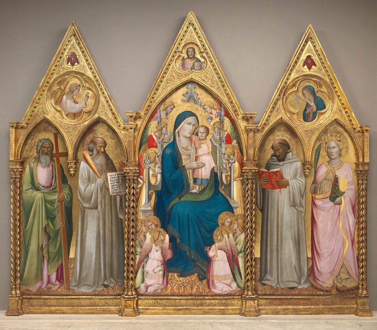 Madonna and Child with Saints Andrew, Benedict, Bernard, and Catherine of Alexandria with Angels [entire triptych] by Agnolo Gaddi