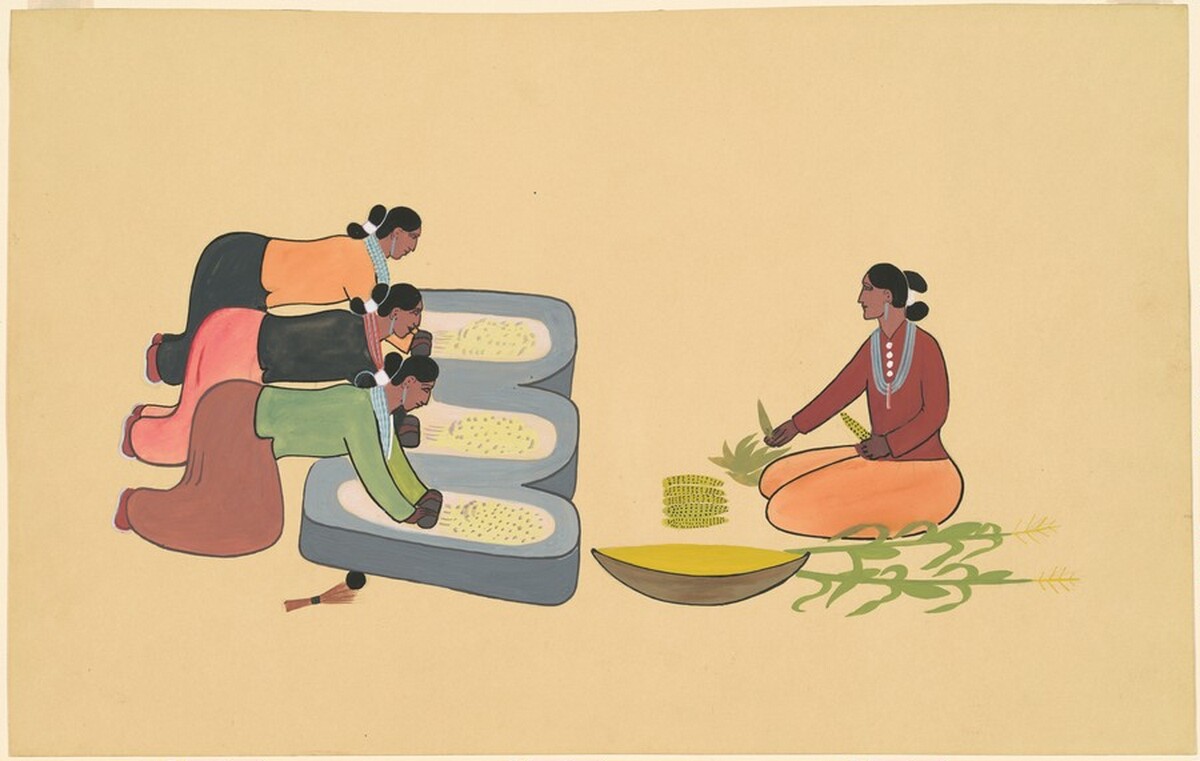 Navajo Women Grinding Corn by attributed to Andrew Tsinajinnie