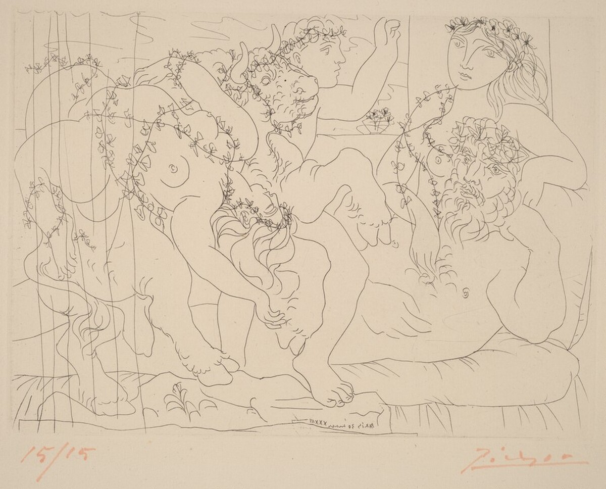Sculptor, Model, and Boy with a Sculpture Representing the Abduction of Europa (Sculpteur, garçon et modèle avec un groupe sculpté représentant le rapt d'Europe) by Pablo Picasso