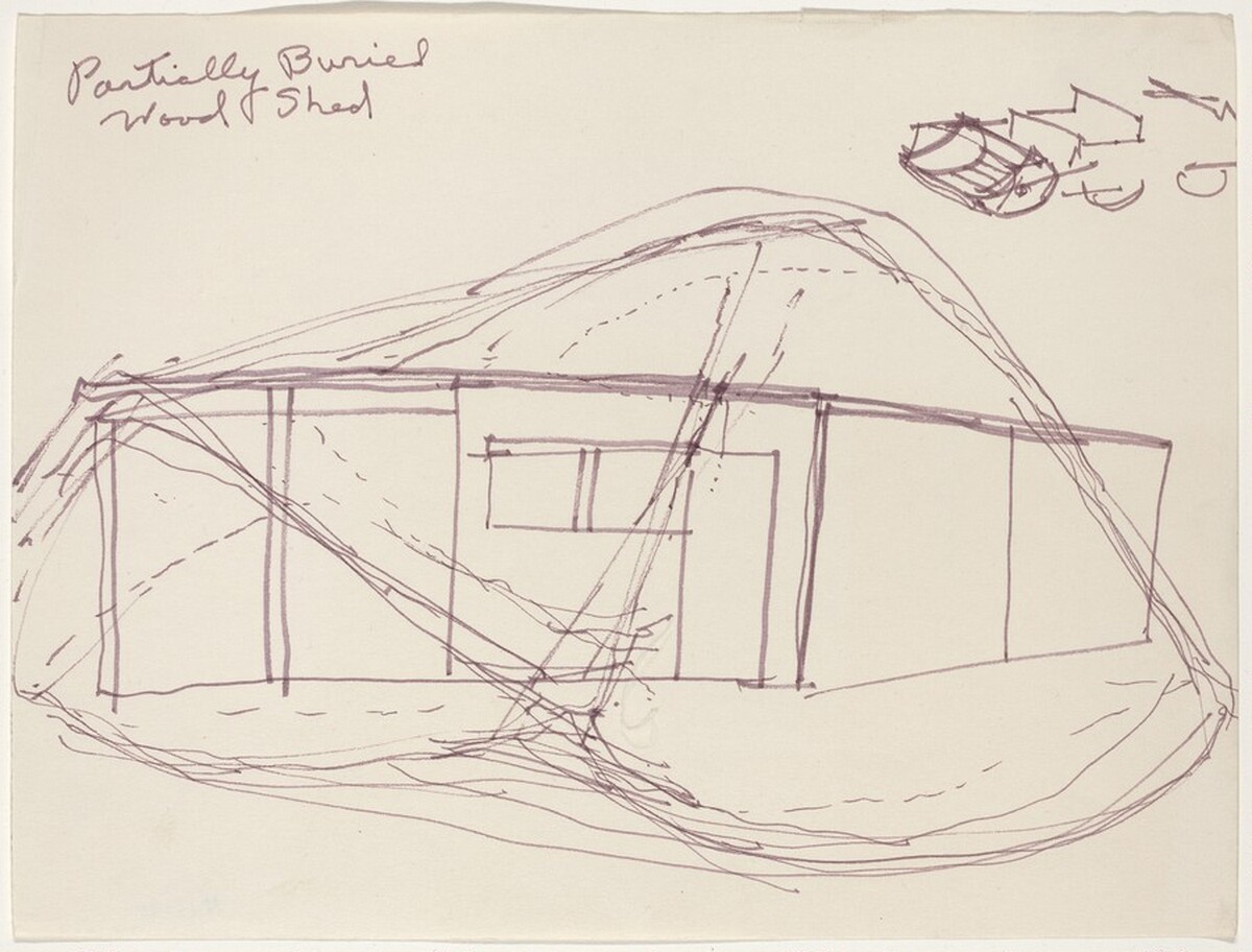 Partially Buried Woodshed [center right] by Robert Smithson