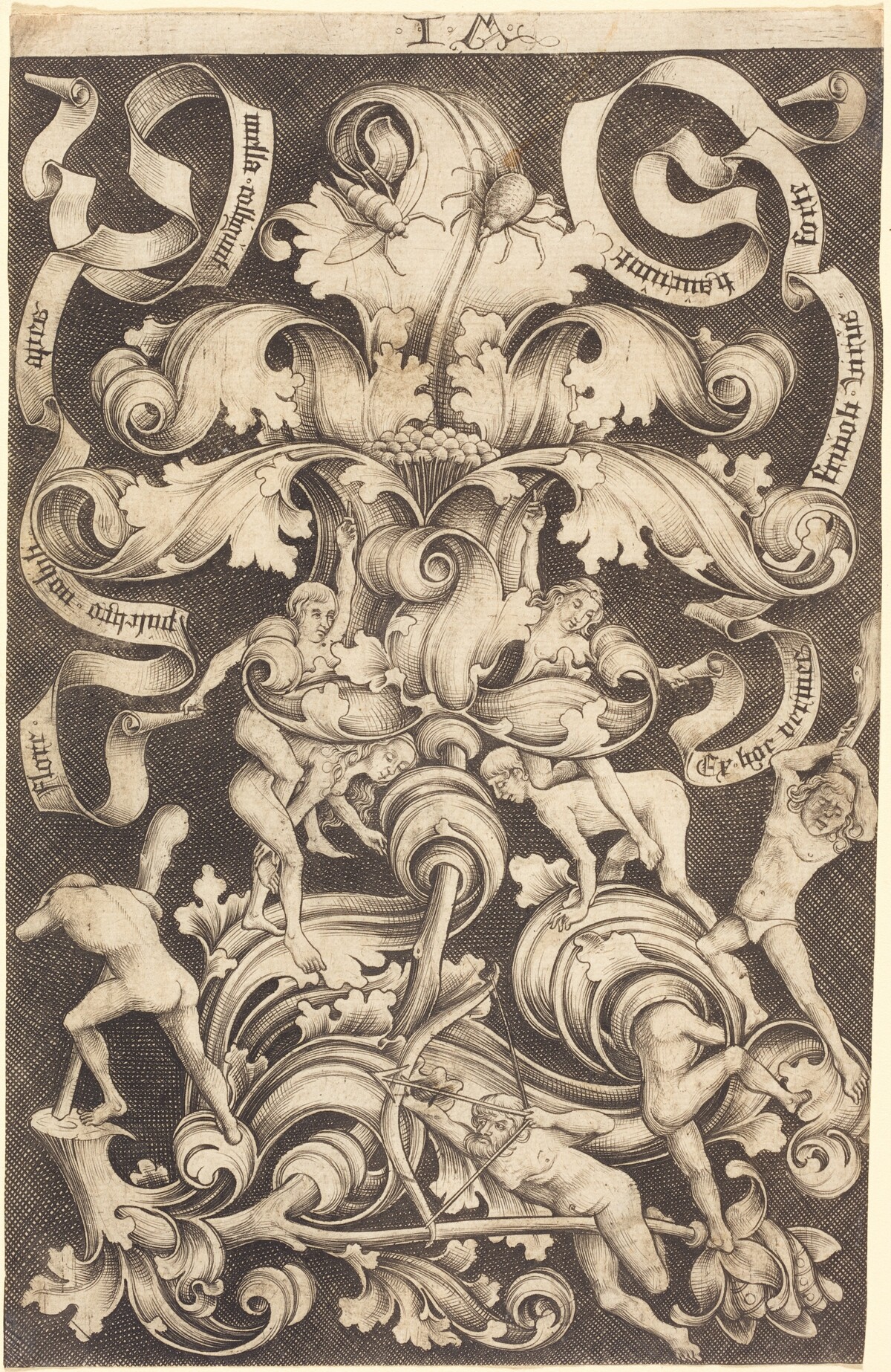 Ornament with Flower and Eight Wild Folk by Israhel van Meckenem