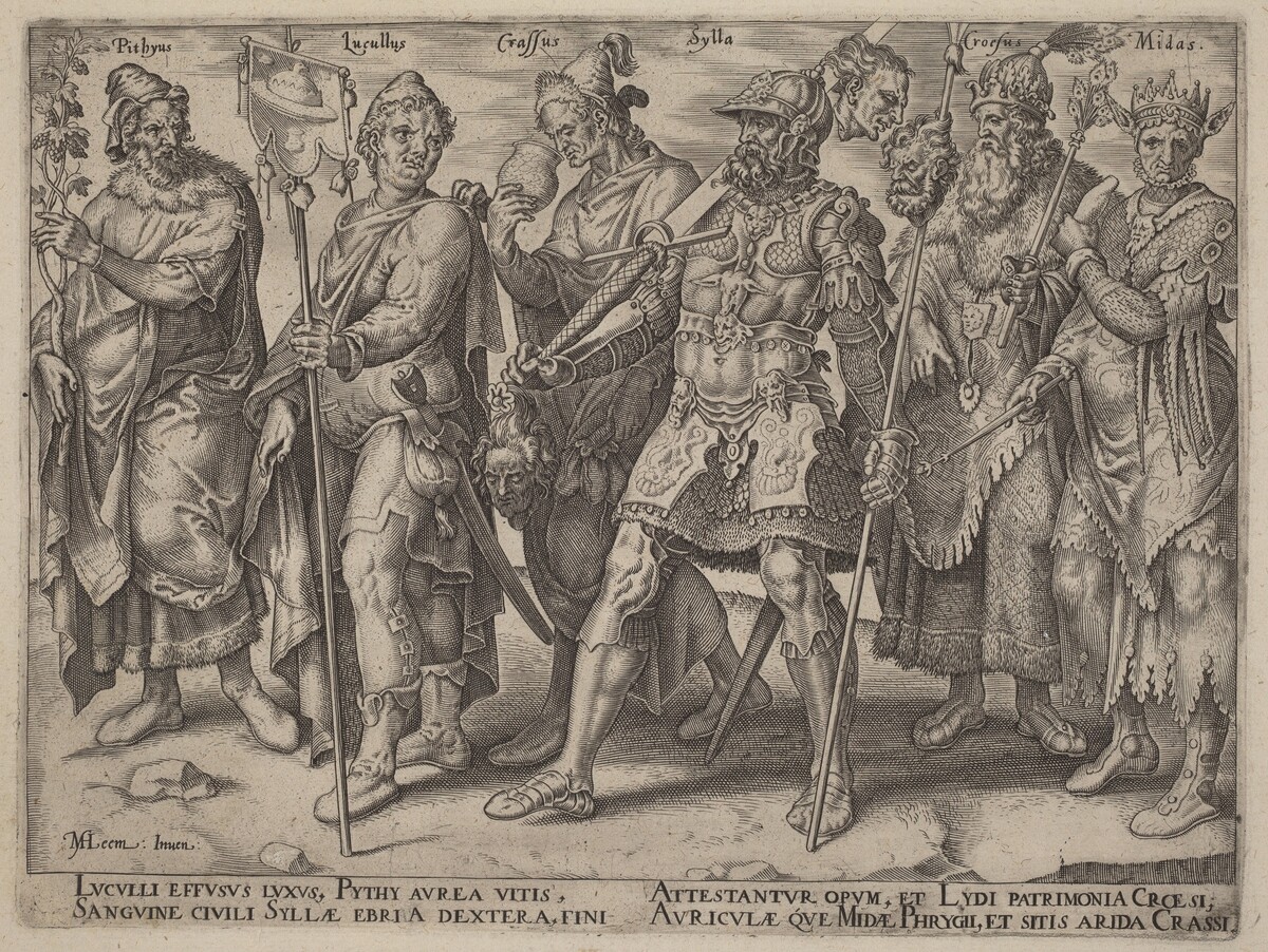 Notorious Examples of Wealth from Antiquity by Philip Galle, after Maerten van Heemskerck