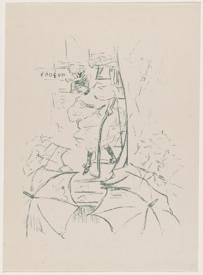 untitled (Woman descending onto a street of umbrellas)