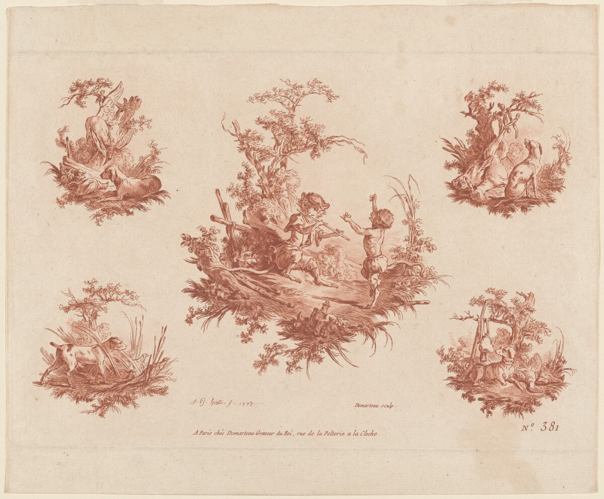 Singerie with Four Vignettes of Dogs Hunting by Gilles Demarteau, the Elder and Jean-Baptiste Hüet, I