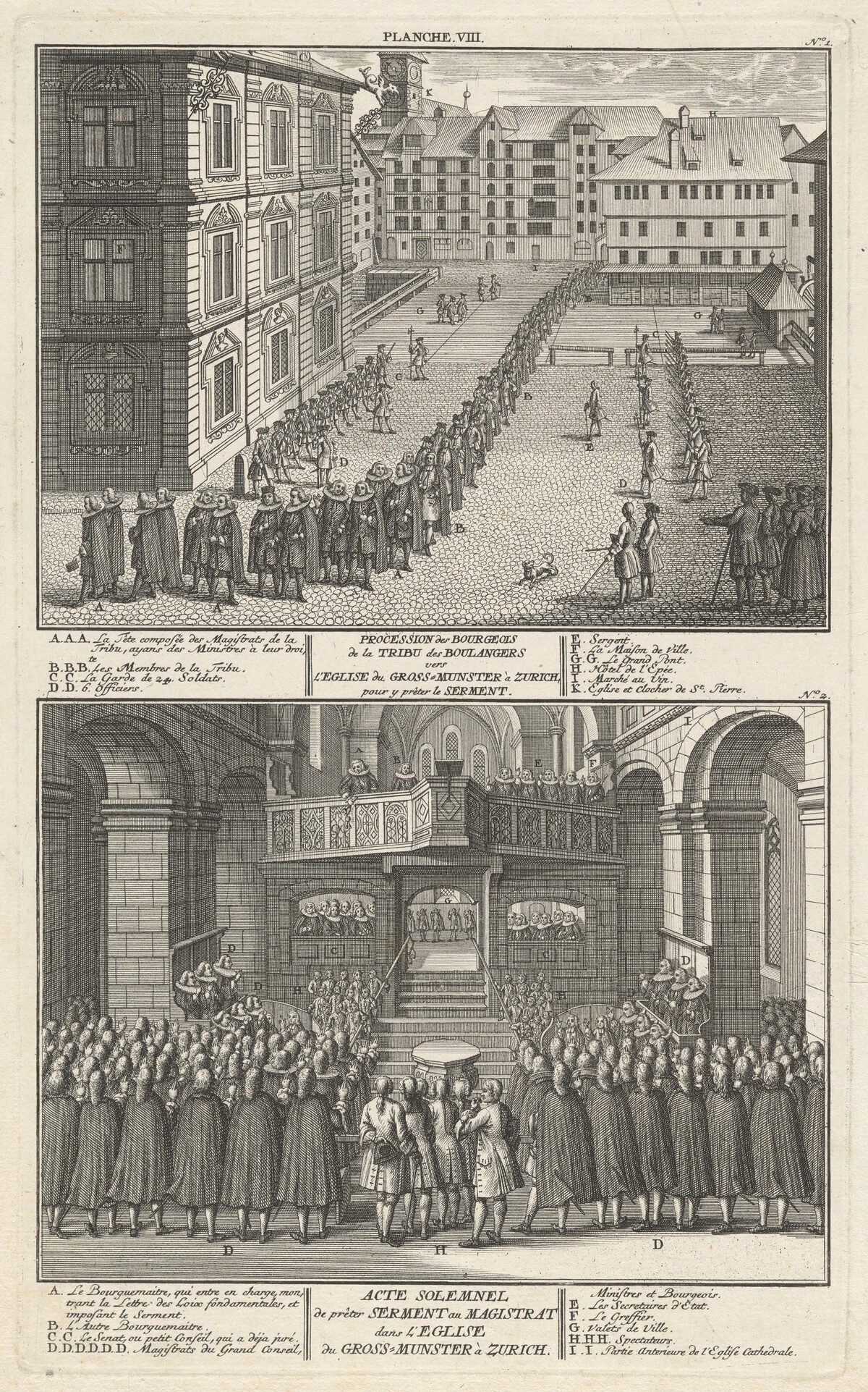 Procession des Bourgeois de la Tribu des Boulangers vers l’Eglise du Grossmunster à Zurich, pour y prêter le Serment; Acte Solemnel de prêter Serment au Magistrat dans l’eglise du Grossmunster à Zurich (Procession and Sermon at the Grossmunster) by David Herrliberger