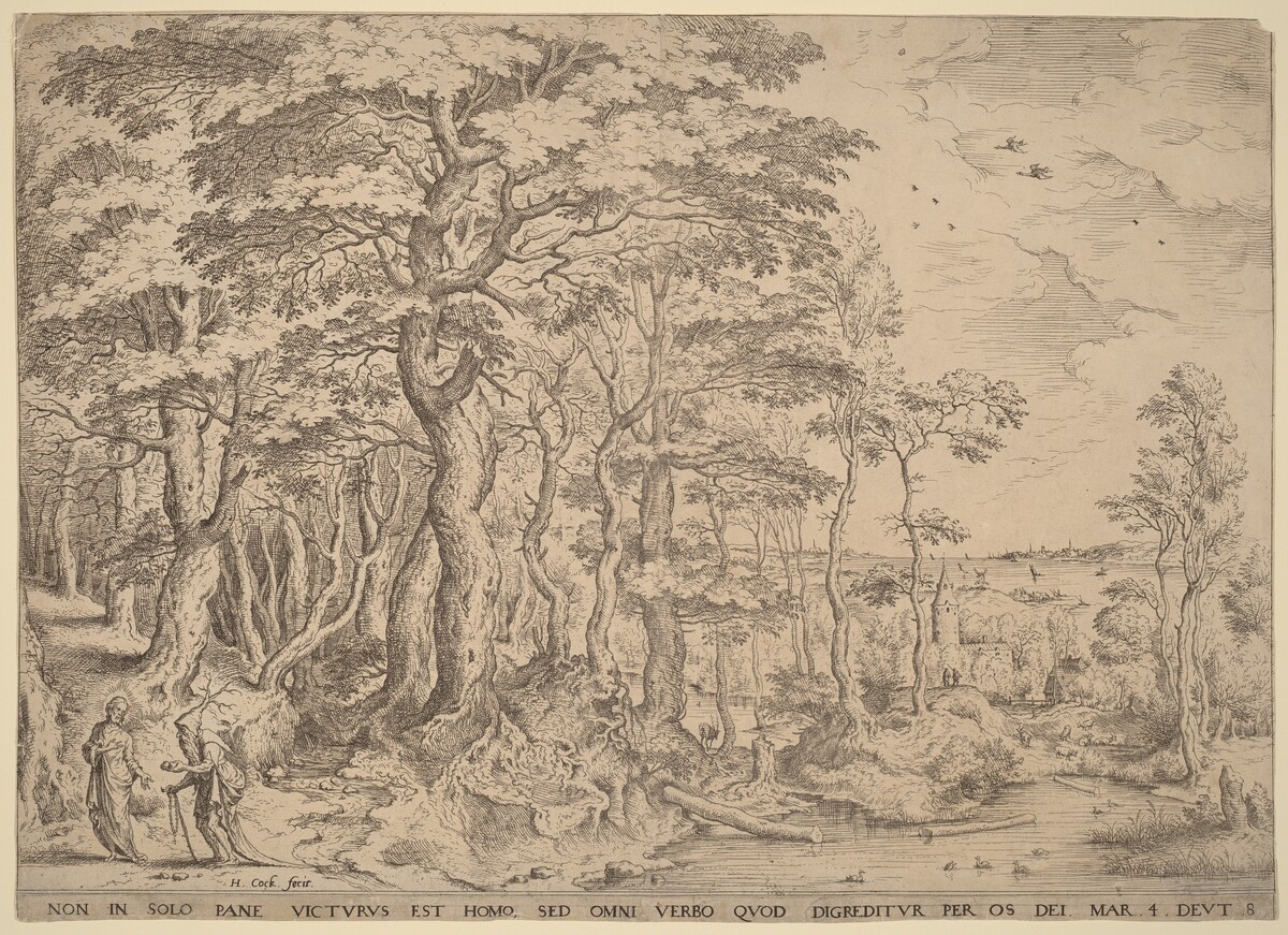 Landscape with the Temptation of Christ by Hieronymus Cock after Pieter Bruegel the Elder