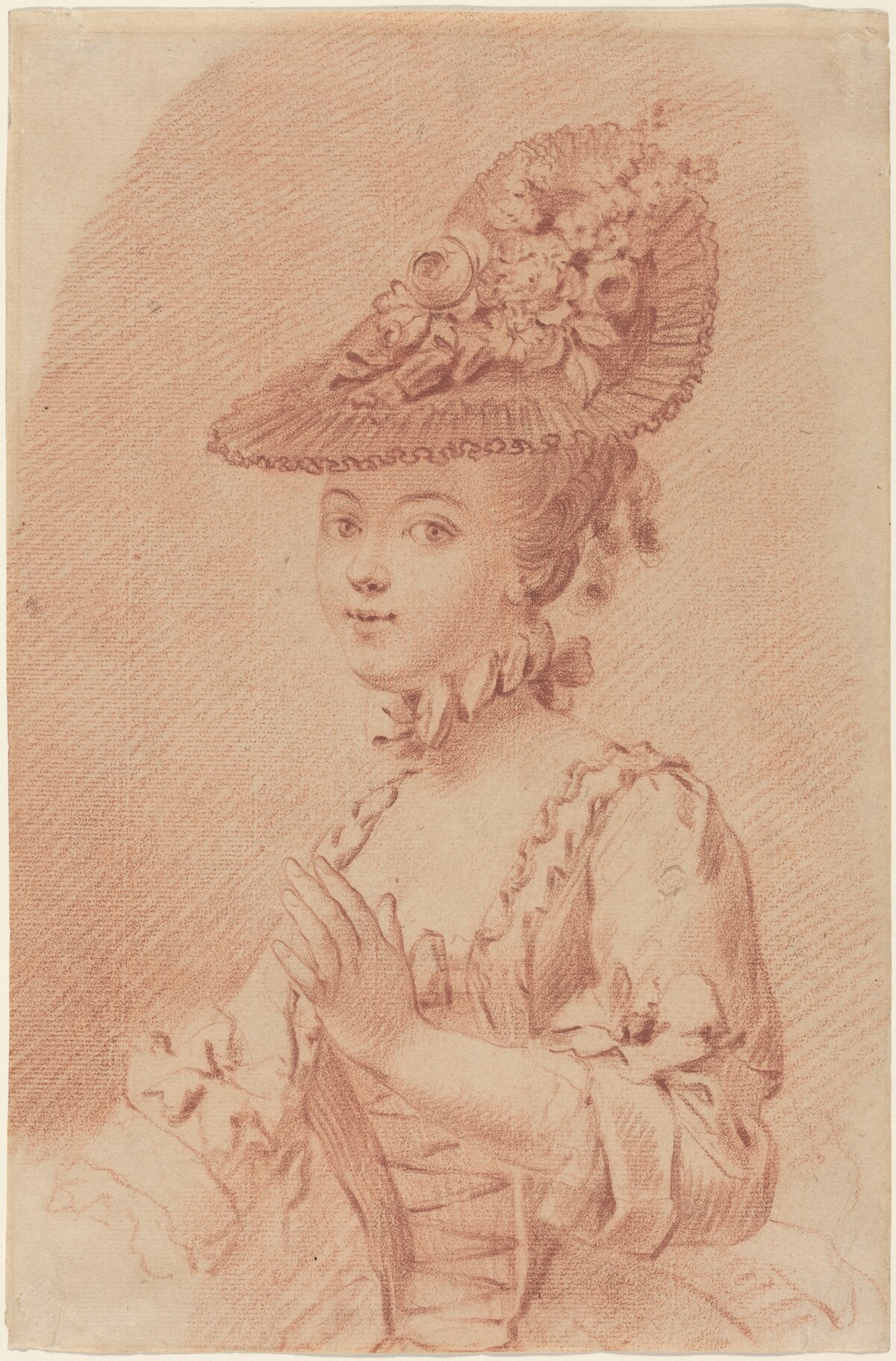 A Young Girl Wearing a Flowered Hat by French 18th Century