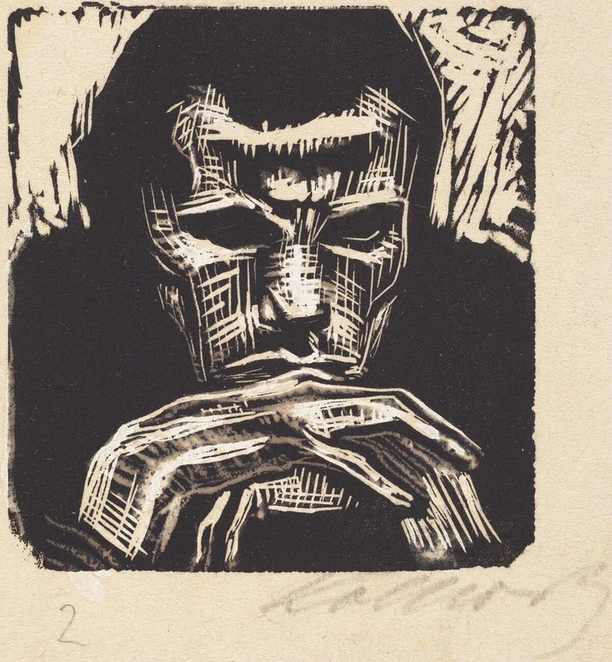 Small Male Head with Hands II (Kleiner Mannerkopf mit Handen II) by Käthe Kollwitz