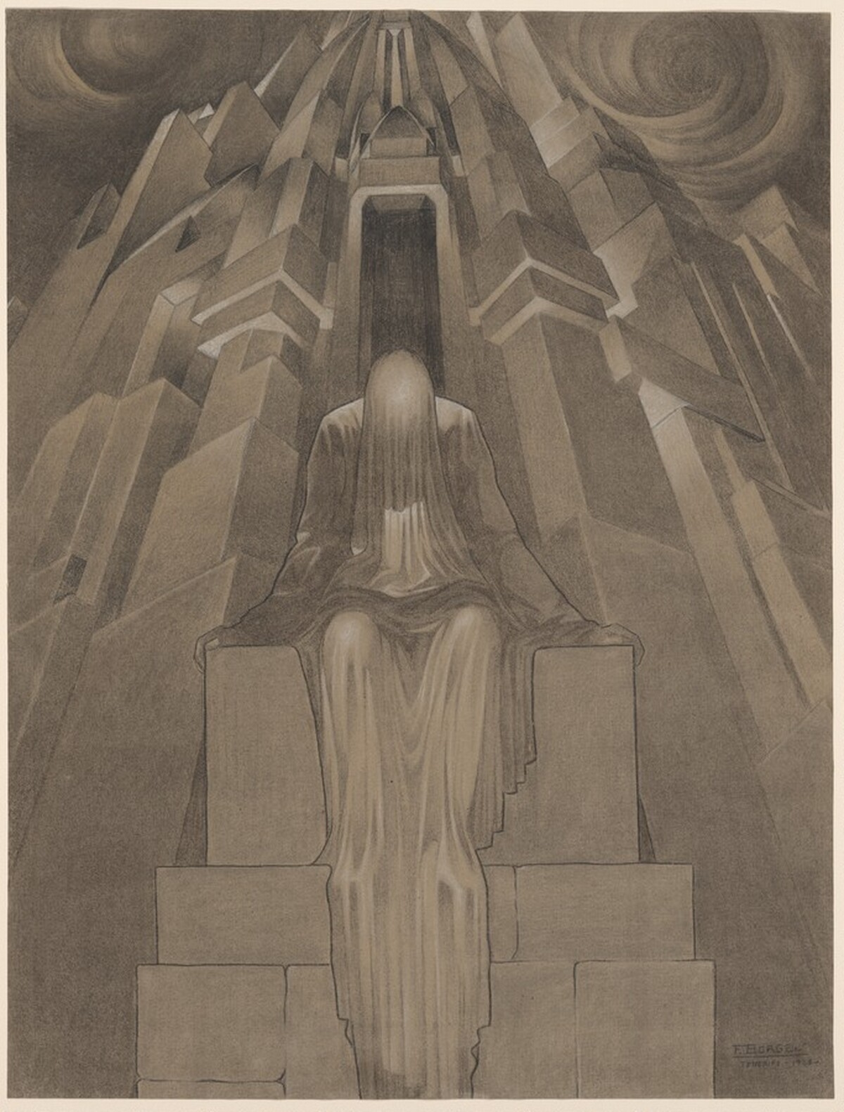 A Shrouded Figure Seated Before a Fantastic Skyscraper by Francisco Borges Salas