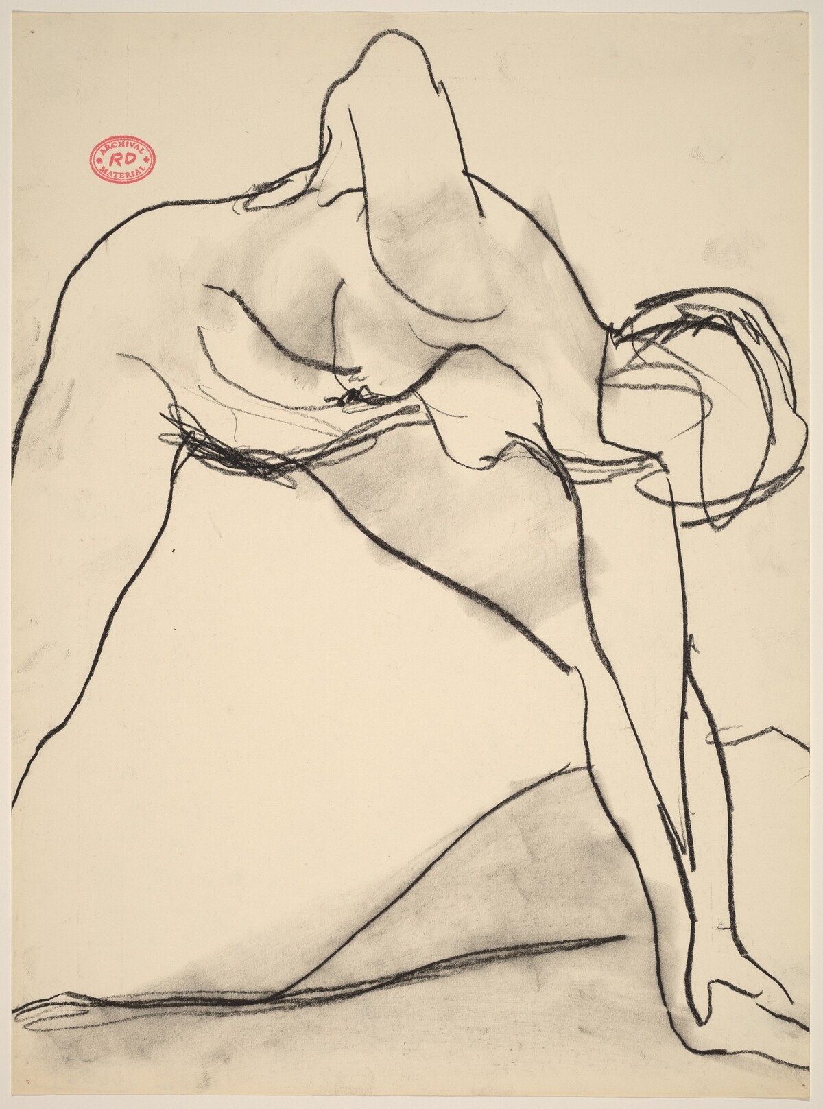 Untitled [female nude reaching down with left hand to grasp her foot] by Richard Diebenkorn