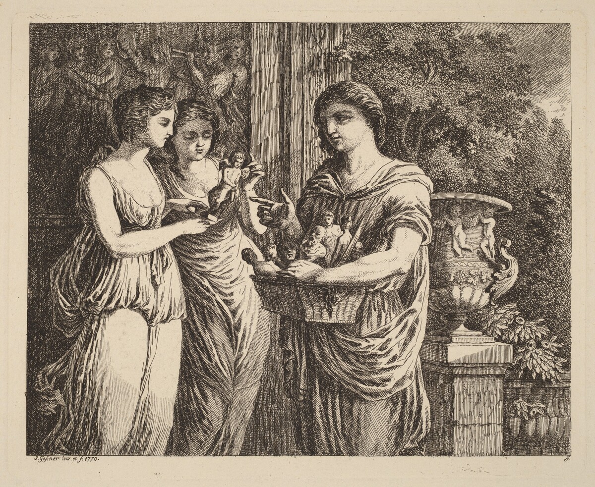 Figurine Seller with Two Girls by Salomon Gessner