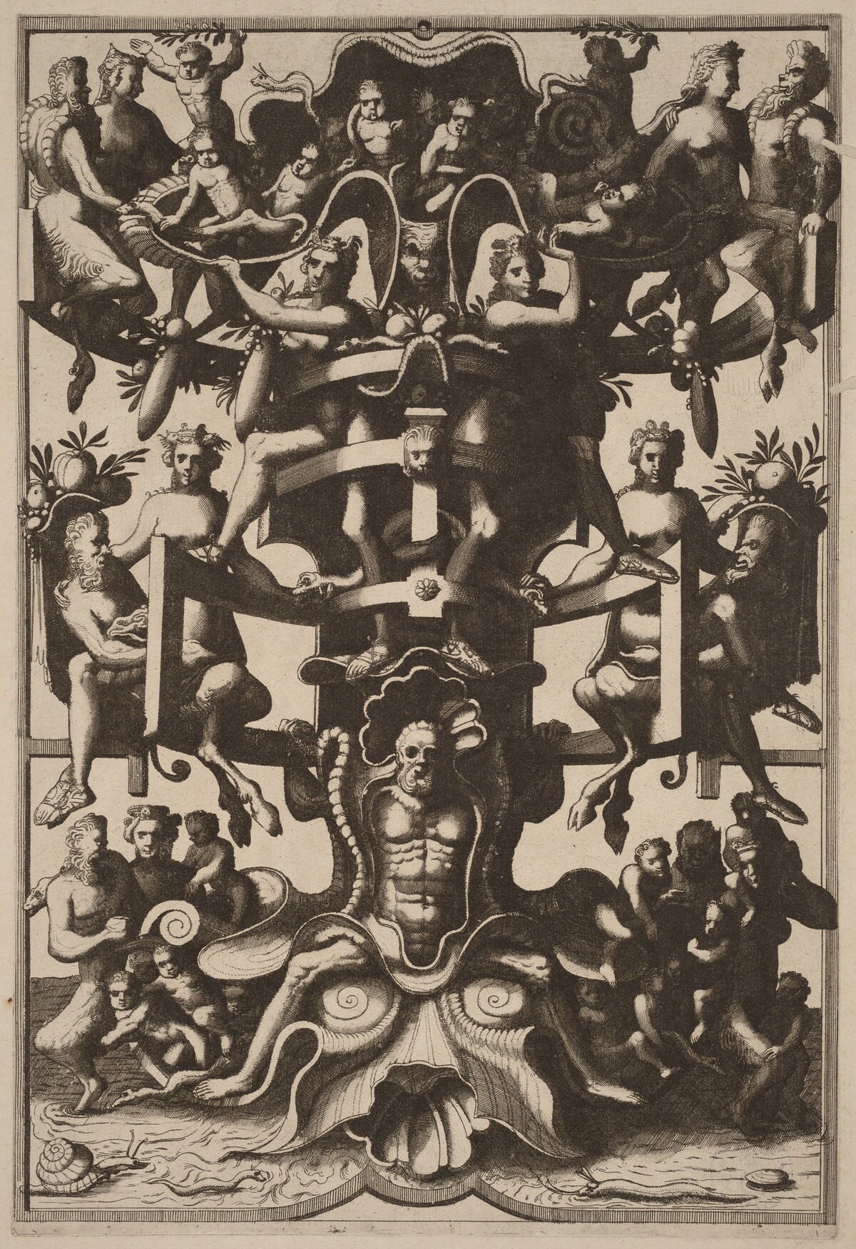 Man Sitting on an Auricular Mask, Supporting a Strapwork Frame on his Shoulders by Johannes van Doetechum the Elder and Lucas van Doetechum, after Cornelis Floris II