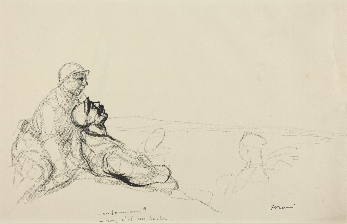 a) -Un farman?  -non, c'est un boche. (recto); b) Sketch of Figure (verso) by Jean-Louis Forain