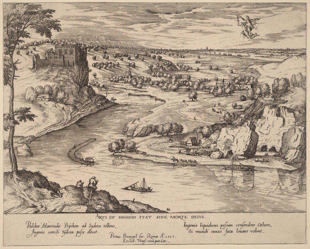 River Landscape with Mercury and Psyche by Attributed to Simon Novellanus after Pieter Bruegel the Elder