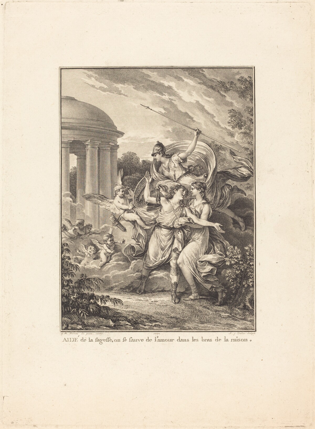 Frontispiece: Aidé de la sagesse, on se sauve de l'amour dans les bras de la raison by Antoine-Jean Duclos after Jean-Michel Moreau
