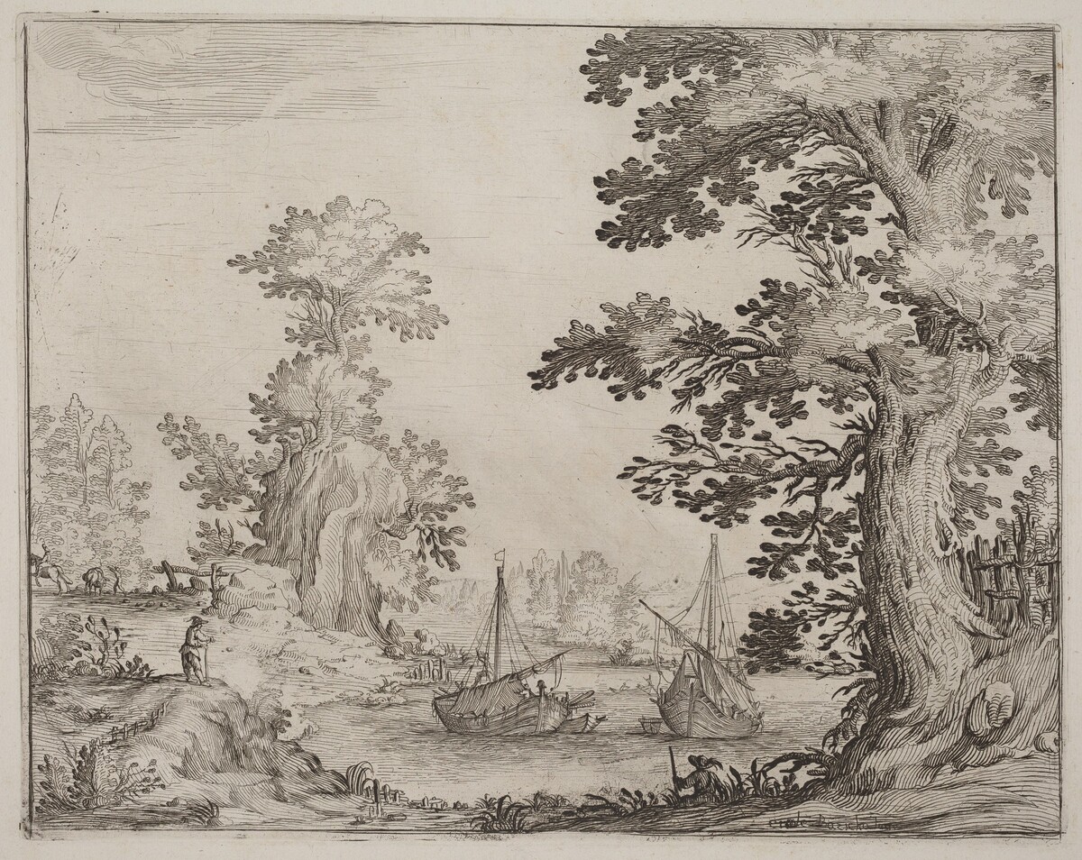 Landscape and River with Anchored Vessels by Ercole Bazicaluva
