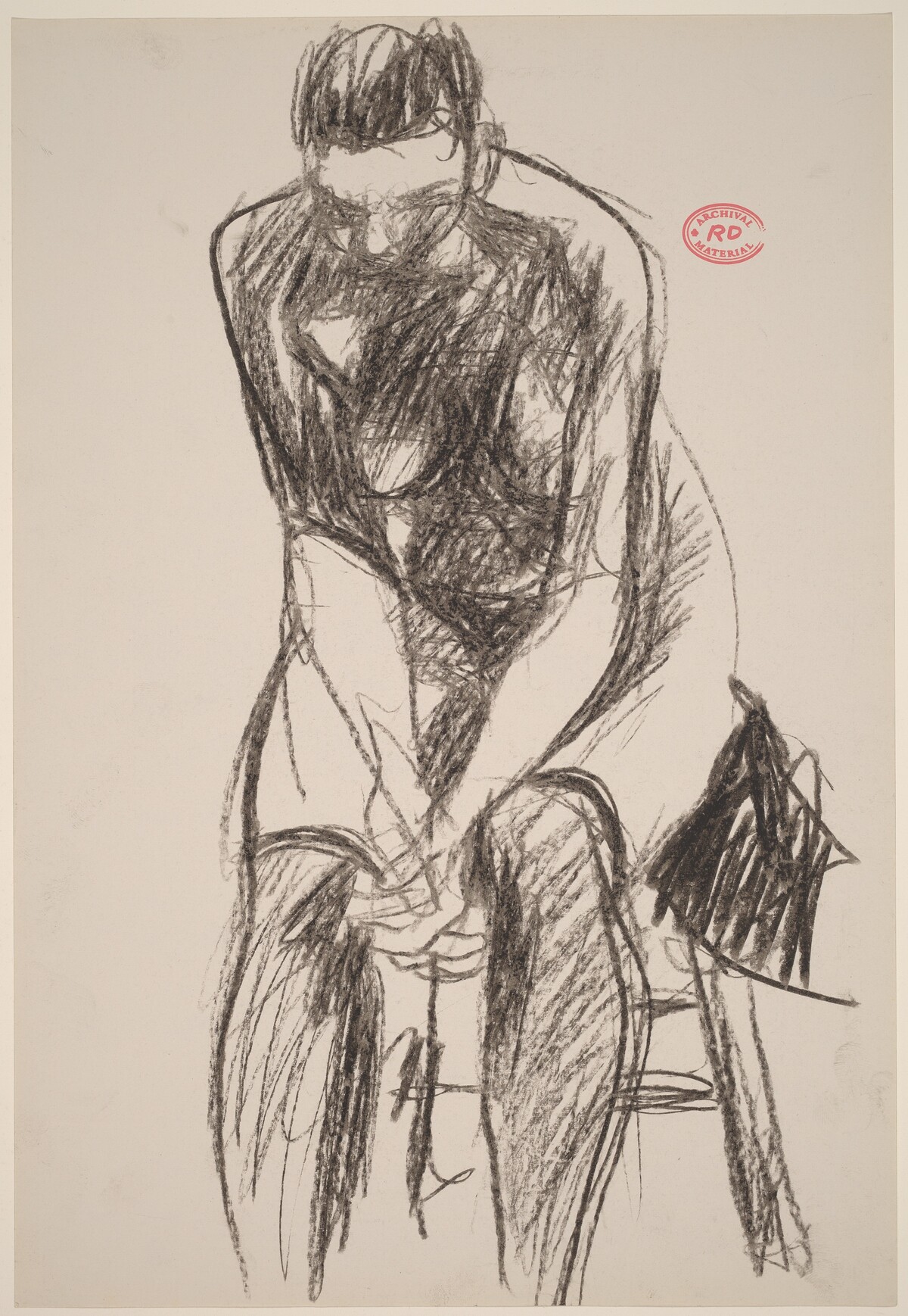 Untitled [female nude in stockings leaning forward on a stool] by Richard Diebenkorn