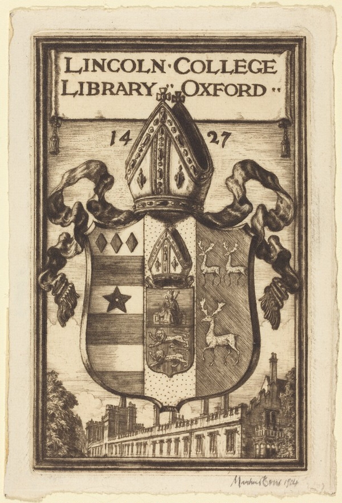 Bookplate of Lincoln College, Oxford by Muirhead Bone