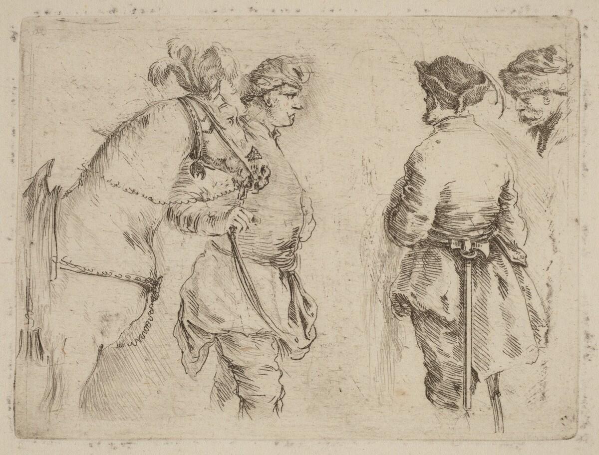 Pole Holding the Bridle of a Horse while Speaking with Two Other Men by Stefano Della Bella