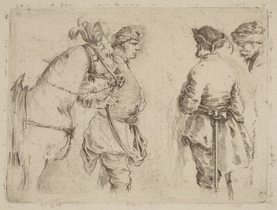 Pole Holding the Bridle of a Horse while Speaking with Two Other Men