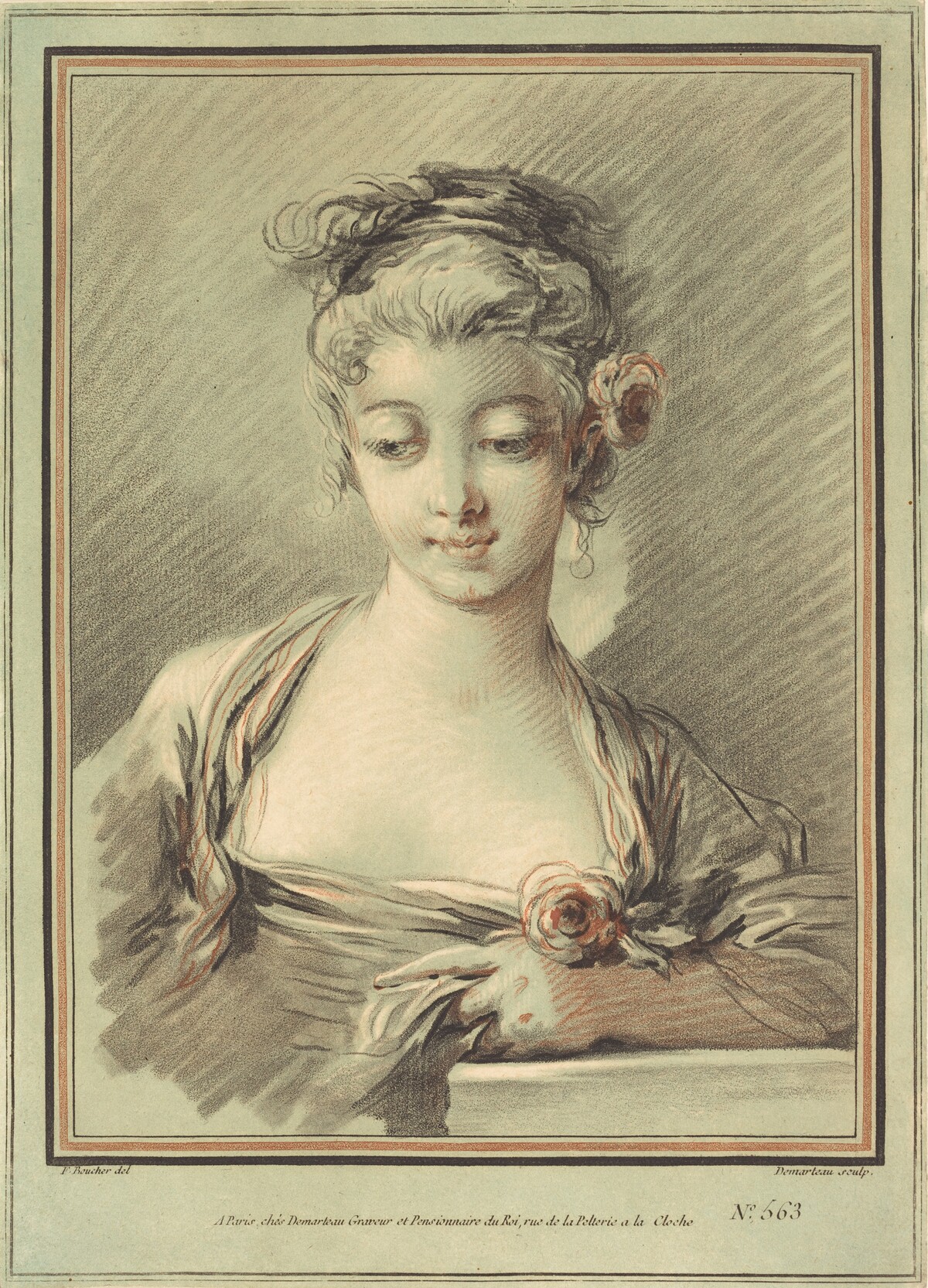 Young Woman with a Rose by Gilles Demarteau, the Elder after François Boucher