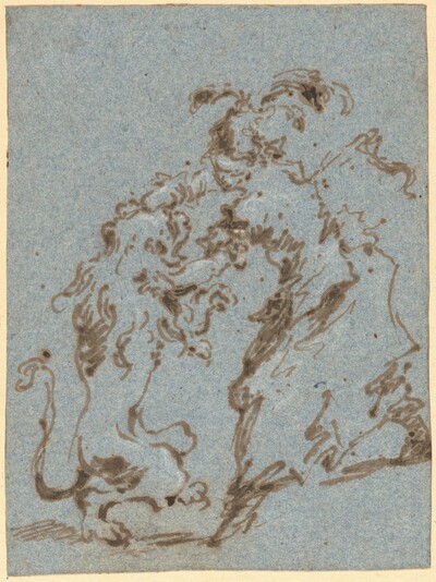 An Elegantly Dressed Woman Struggling with a Lion