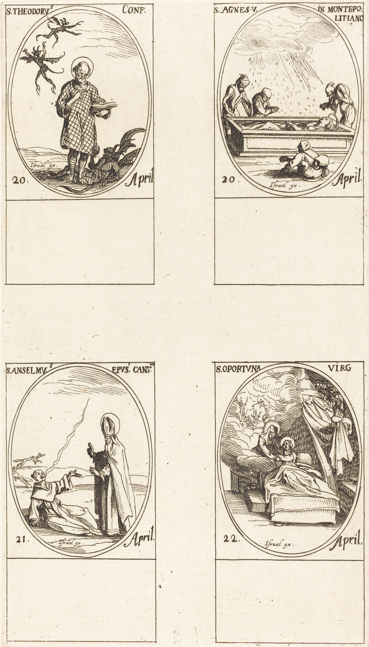 St. Theodorus; St. Agnes of Monte Pulciano; St. Anselme, Archbishop of Canterbury; St. Opportuna and Virgin by Jacques Callot