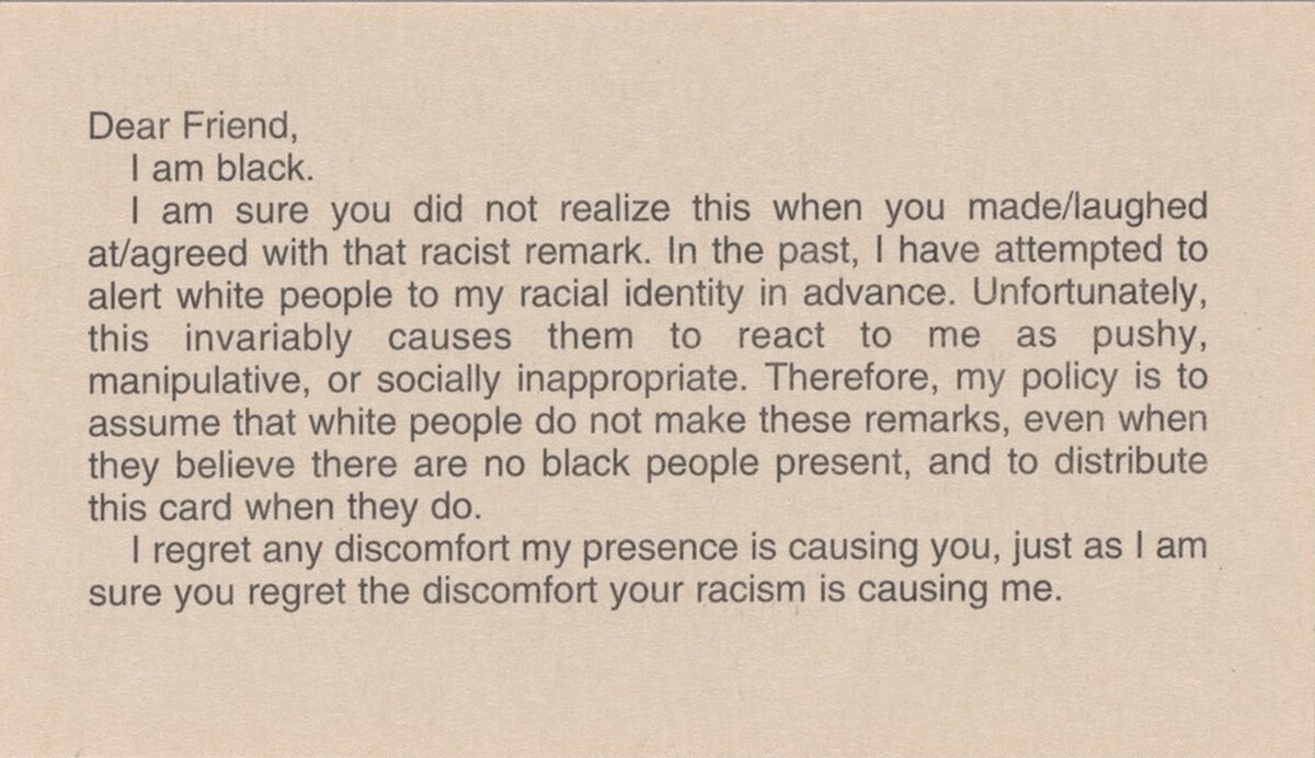 Calling Card (I am black) by Adrian Piper