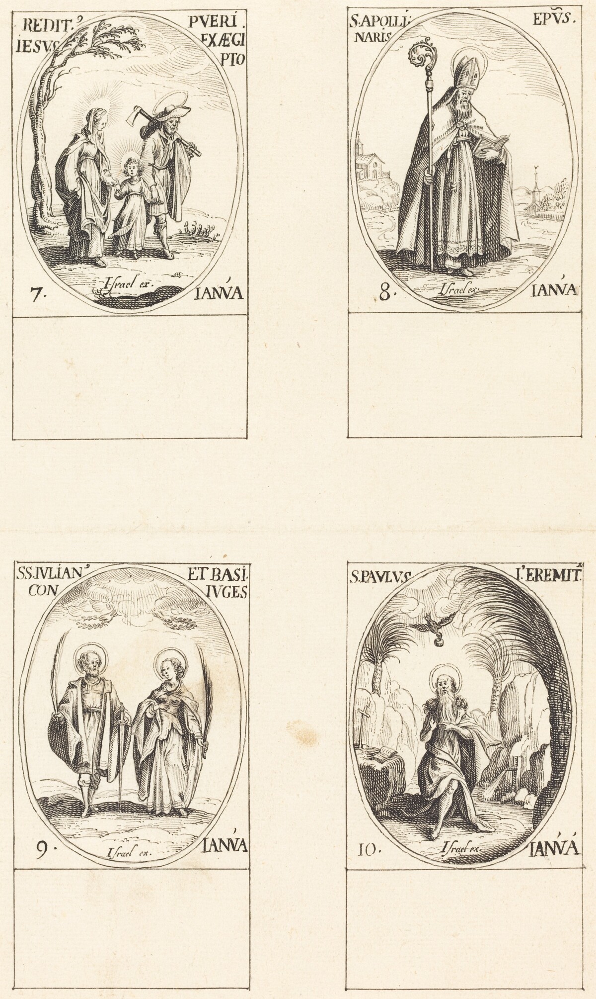 Return from Egypt; St. Apollinaire; St. Julian and Basilissa; St. Paul the Hermit by Imitator of Jacques Callot