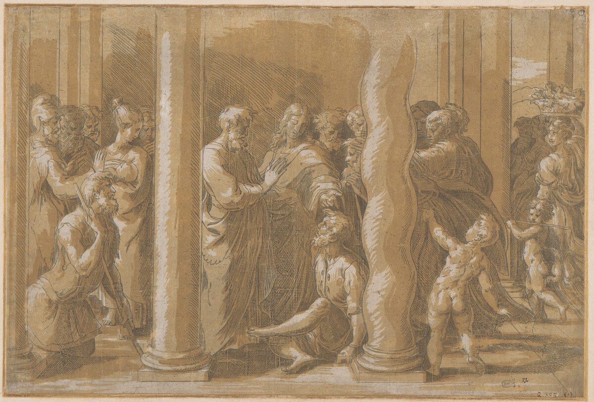 Saints Peter and John Healing the Lame Man at the Golden Gate by Parmigianino and Antonio da Trento or Ugo da Carpi, after Raphael
