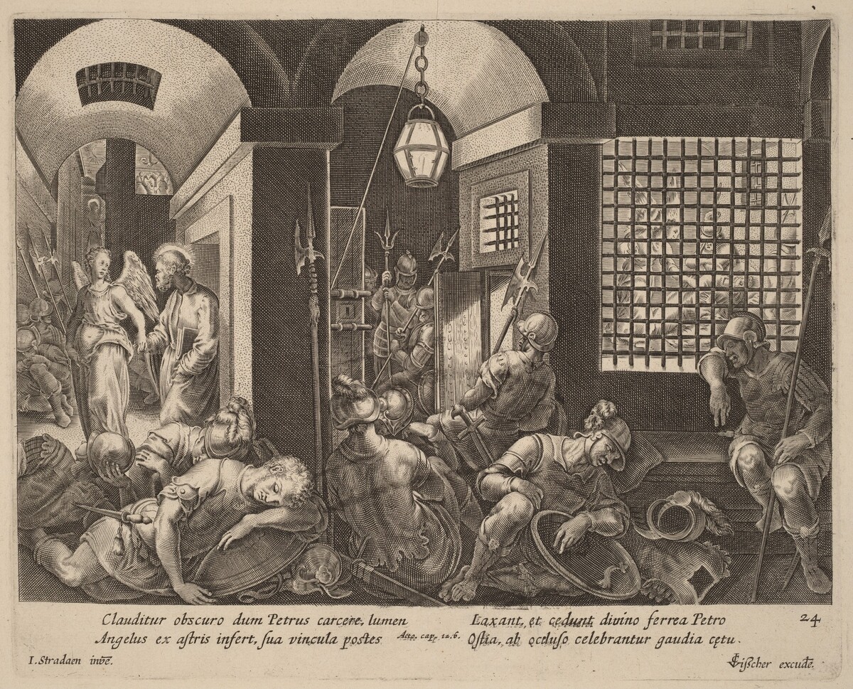 Saint Peter Delivered from Prison by an Angel by Philip Galle after Jan van der Straet