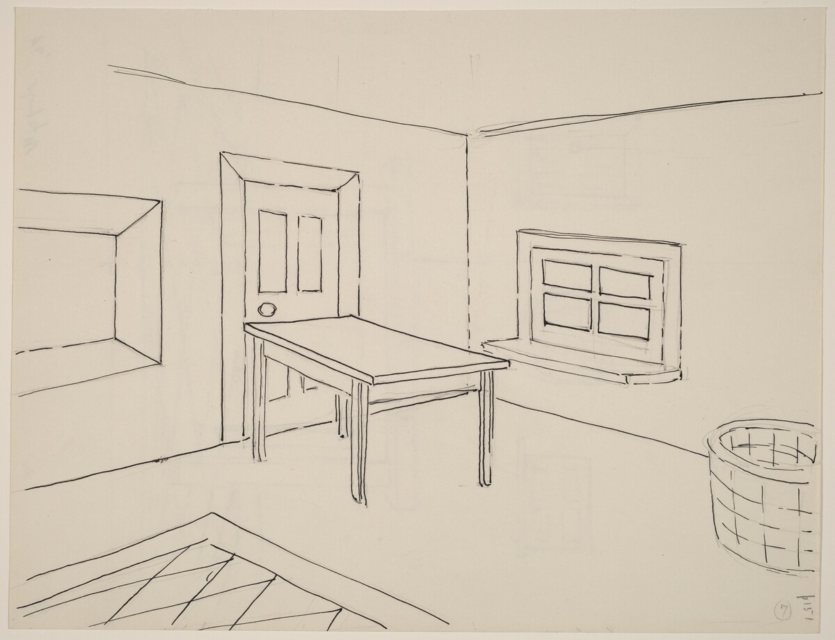Basket, Table, Door, Window, Mirror, Rug #7 [recto] by Richard Artschwager