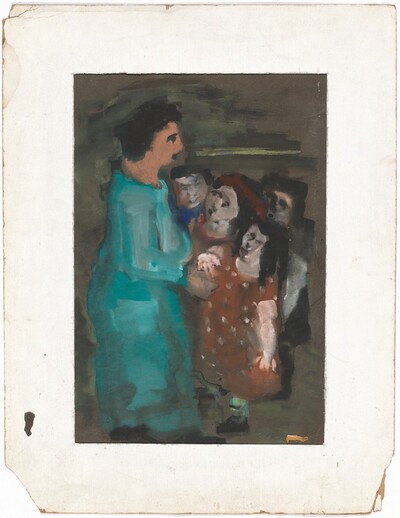 Standing Woman in a Green Dress with a Child